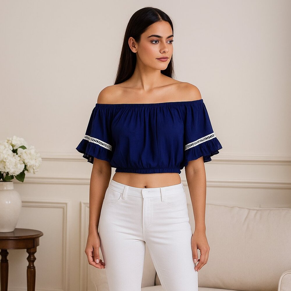 Love Culture Navy/White Bell Crochet Accent Sleeves M Elastic Waist Crop Top Y2K